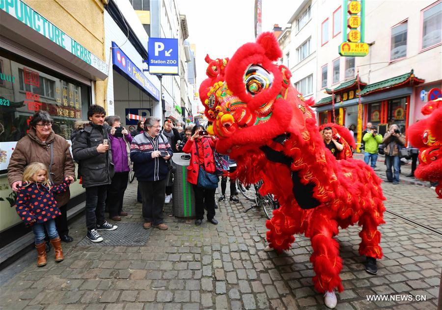 Lion dance performed in Belgium to mark Chinese Lunar New Year