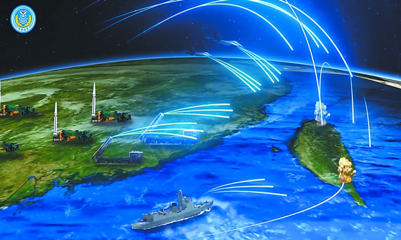 A computer-generated animation released on April 9, 2023 shows conventional missiles and long-range rocket launchers on land, warplanes in the air and warships at sea simultaneously launching attacks from multiple directions. Photo: screenshot of animation from PLA Eastern Theater Command