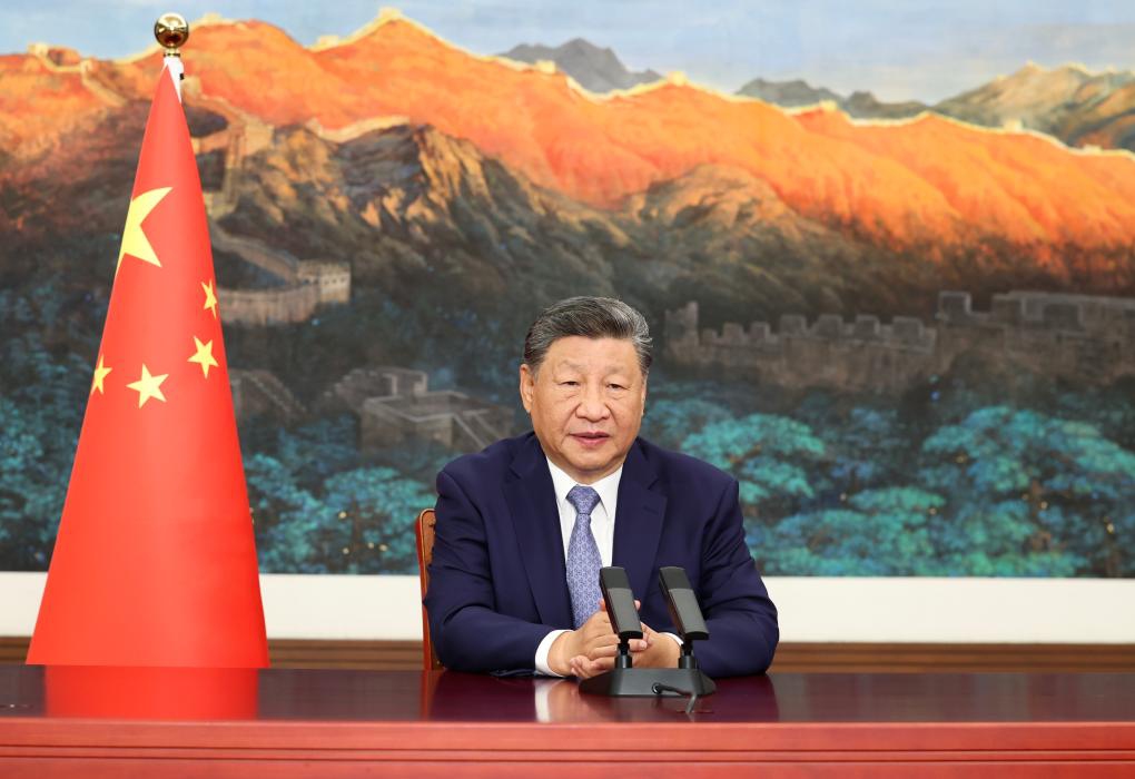 Chinese President Xi Jinping delivers a video speech to the United Nations Climate Summit 2025 held in New York on Sept. 24, 2025. (Xinhua/Huang Jingwen)