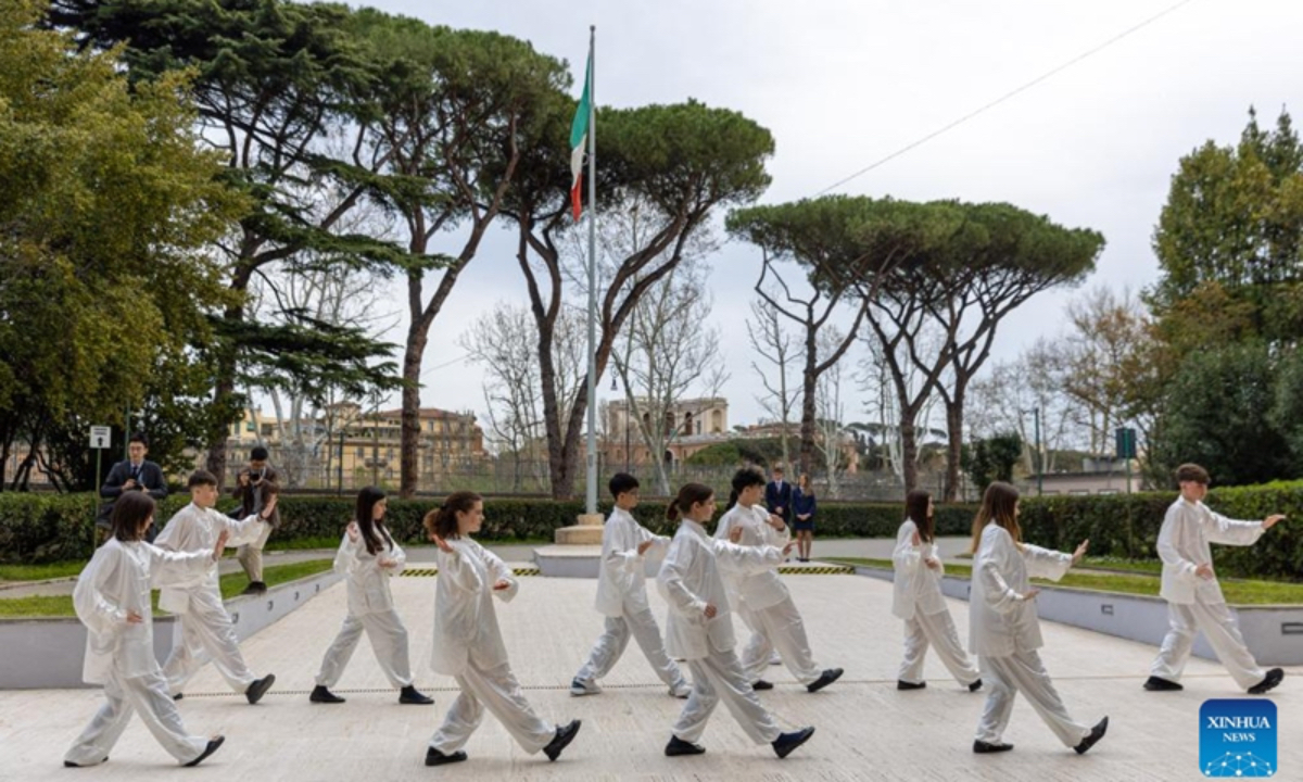 Students of Rome Convitto Nazionale Vittorio Emanuele II perform Taichi in Rome, Italy, March 25, 2024. Photo: Xinhua